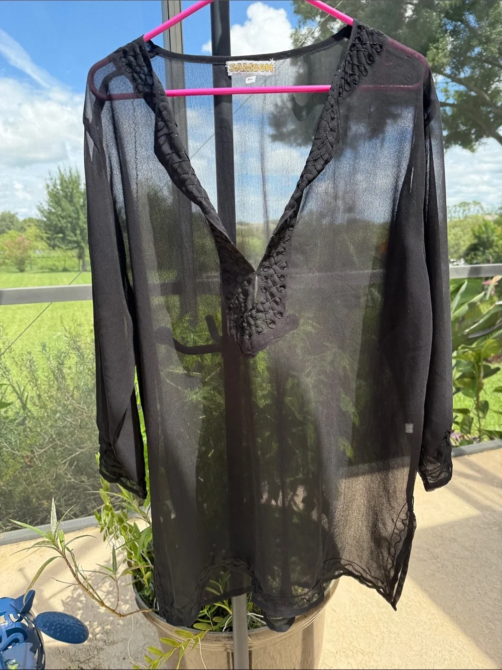 Black Sheer V-Neck Swim Coverup Tunic ML